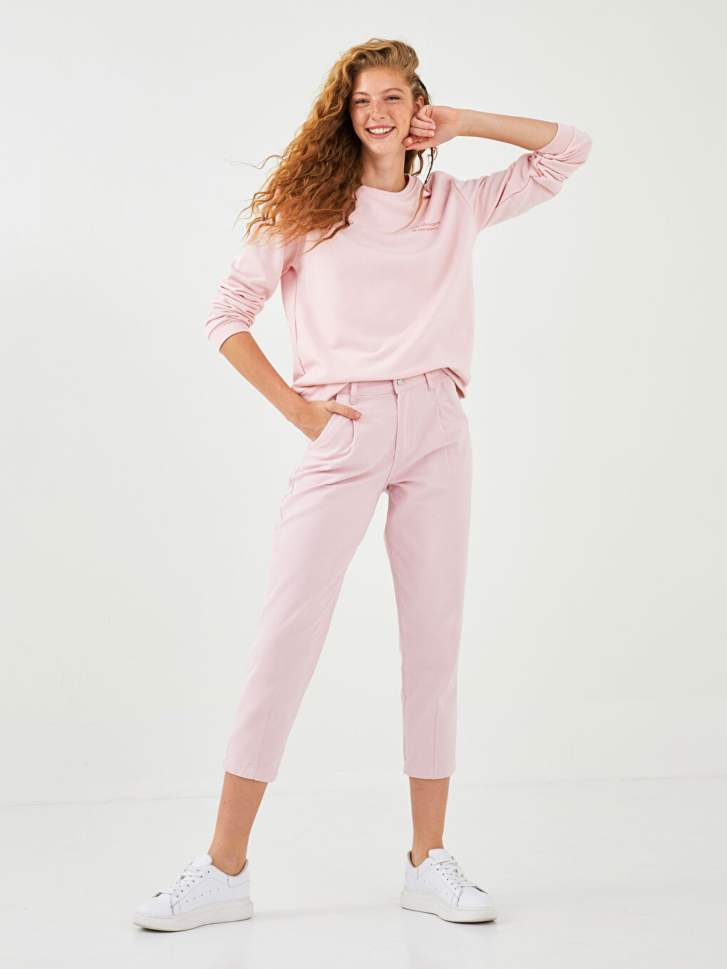 Pembe Kadın Yüksek Bel Slouchy Düz Jean Pantolon-1