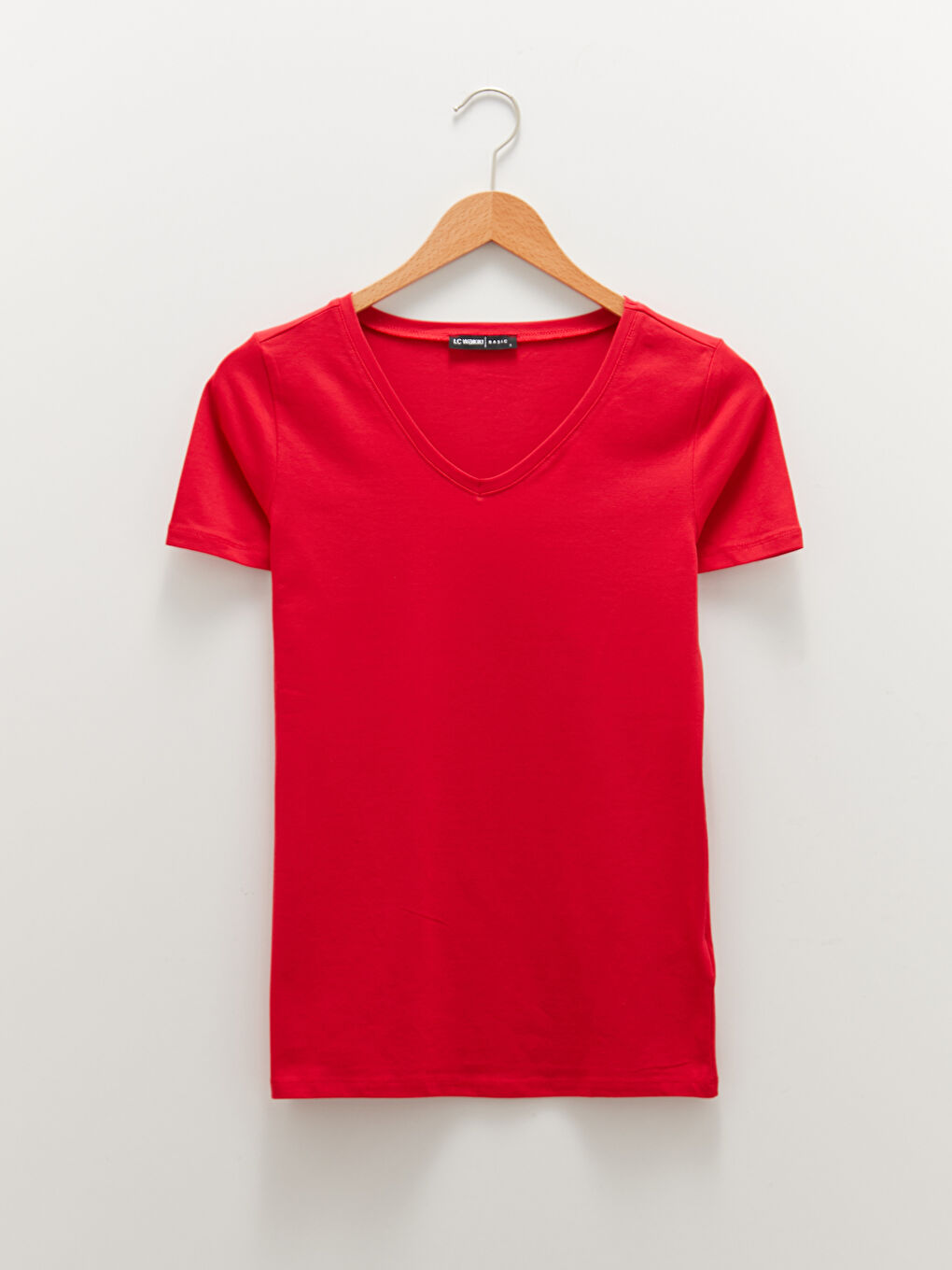 Kırmızı V  Yaka Düz Kısa Kollu Pamuklu Kadın Tişört-6