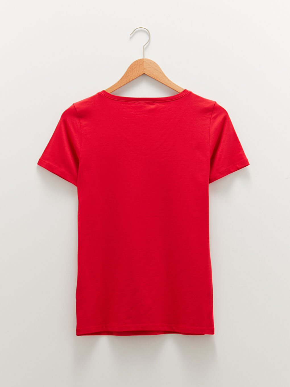 Kırmızı V  Yaka Düz Kısa Kollu Pamuklu Kadın Tişört-7