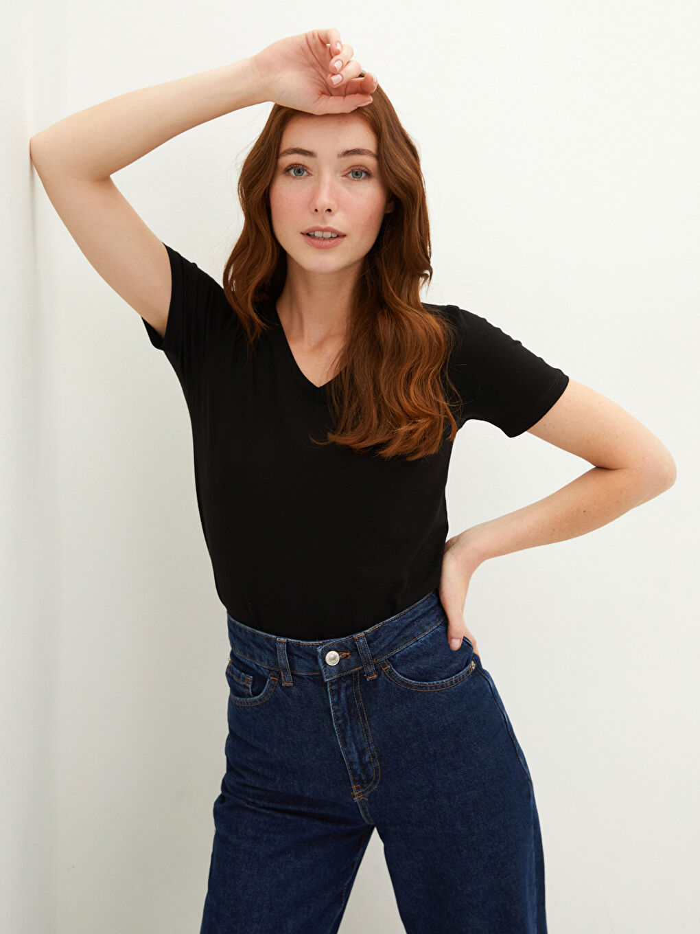 V Neck Straight Short Sleeve Cotton Women's T-Shirt-1