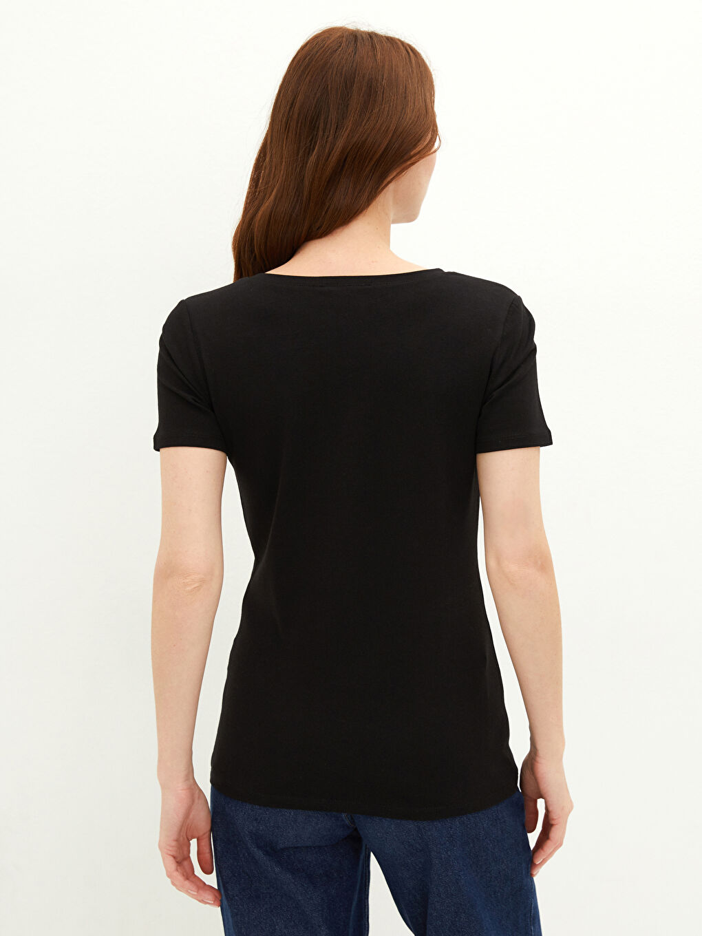 V Neck Straight Short Sleeve Cotton Women's T-Shirt-2