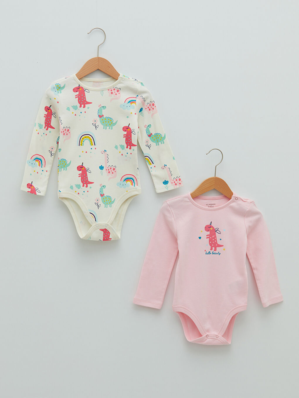 Crew Neck Long Sleeve Printed Cotton Baby Girl Snap Snap Body 2 Pack