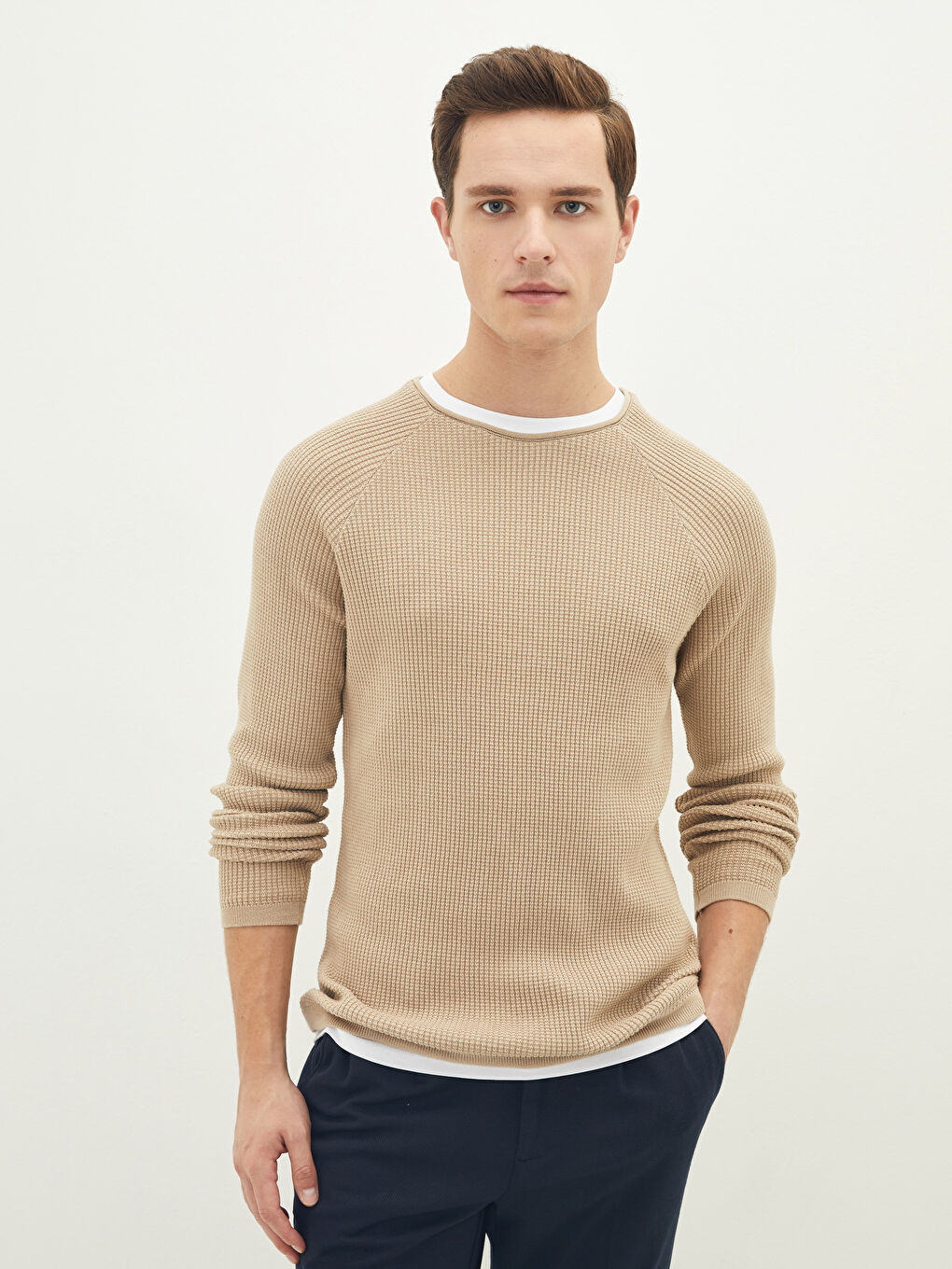 Crew Neck Long Sleeve Thin Men's Tricot Sweater-3