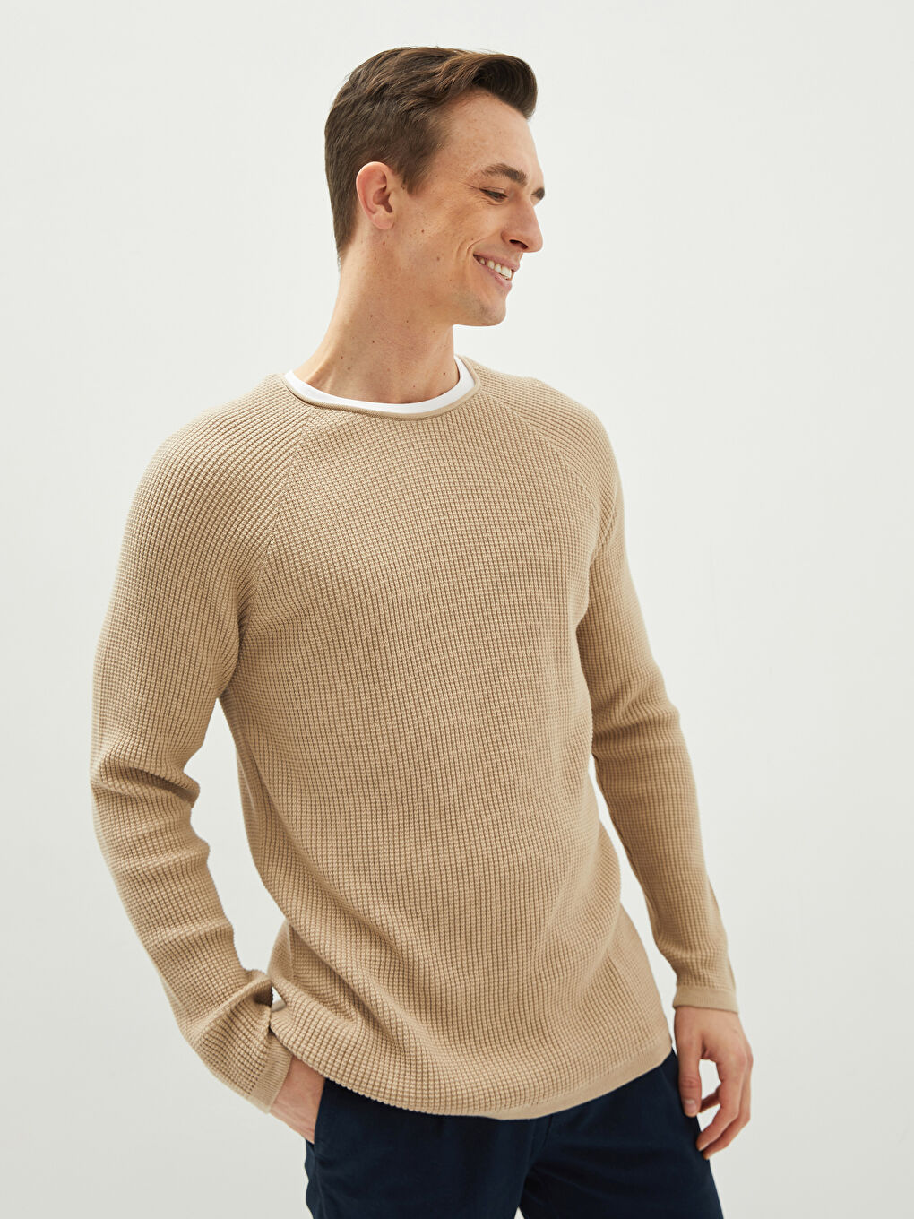 Crew Neck Long Sleeve Thin Men's Tricot Sweater-2