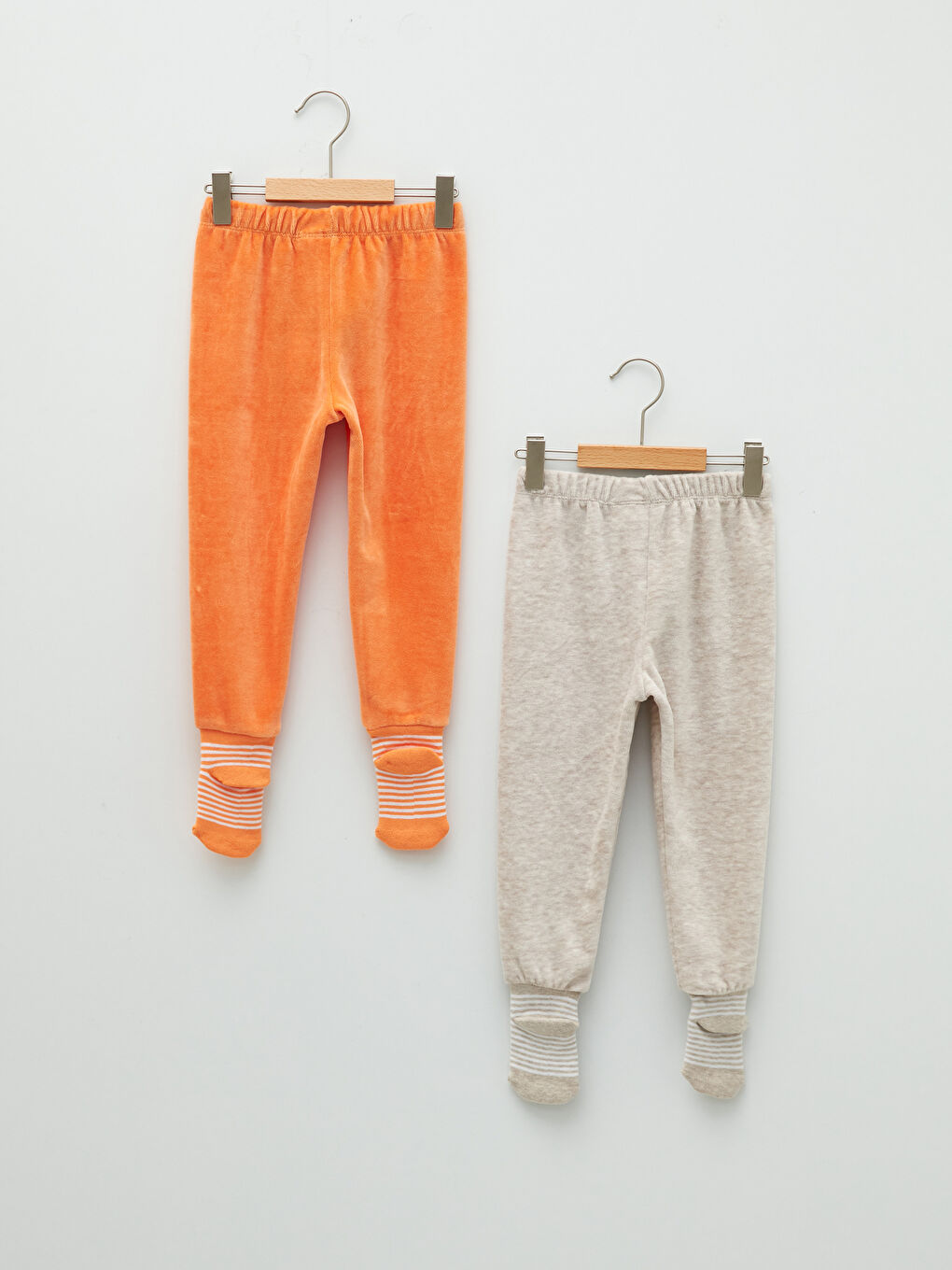 Ekru Beli Lastikli Kadife Kız Bebek Patikli Pijama Alt 2'li-1