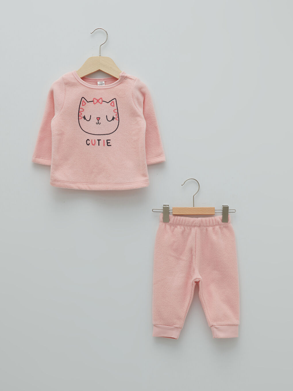 Pembe Bisiklet Yaka Uzun Kollu Baskılı Polar Kız Bebek Pijama Takımı
