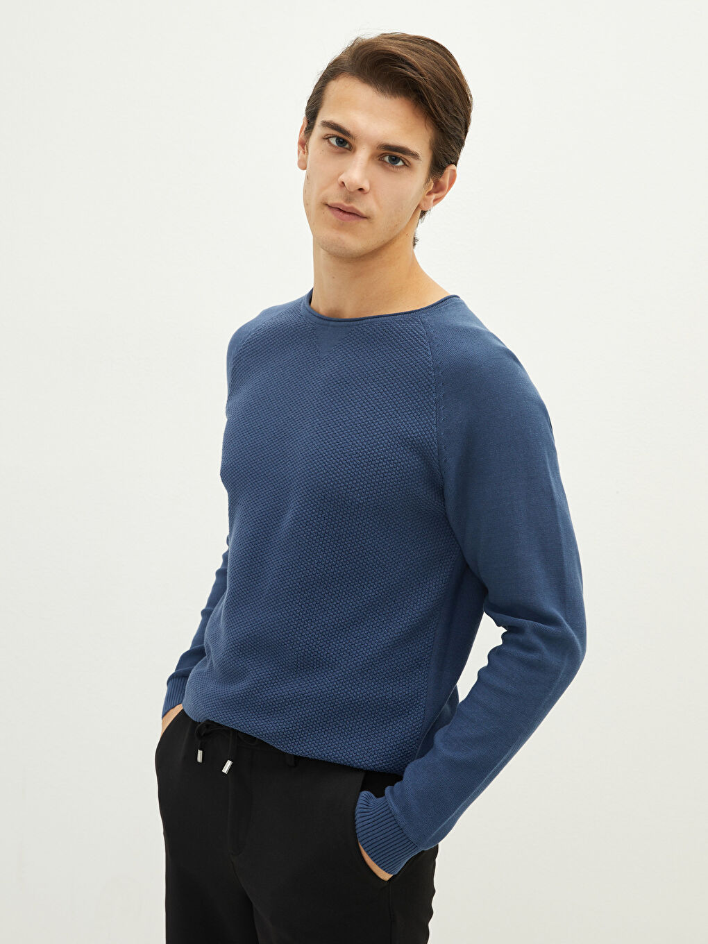 İndigo Bisiklet Yaka Erkek Triko Kazak-1