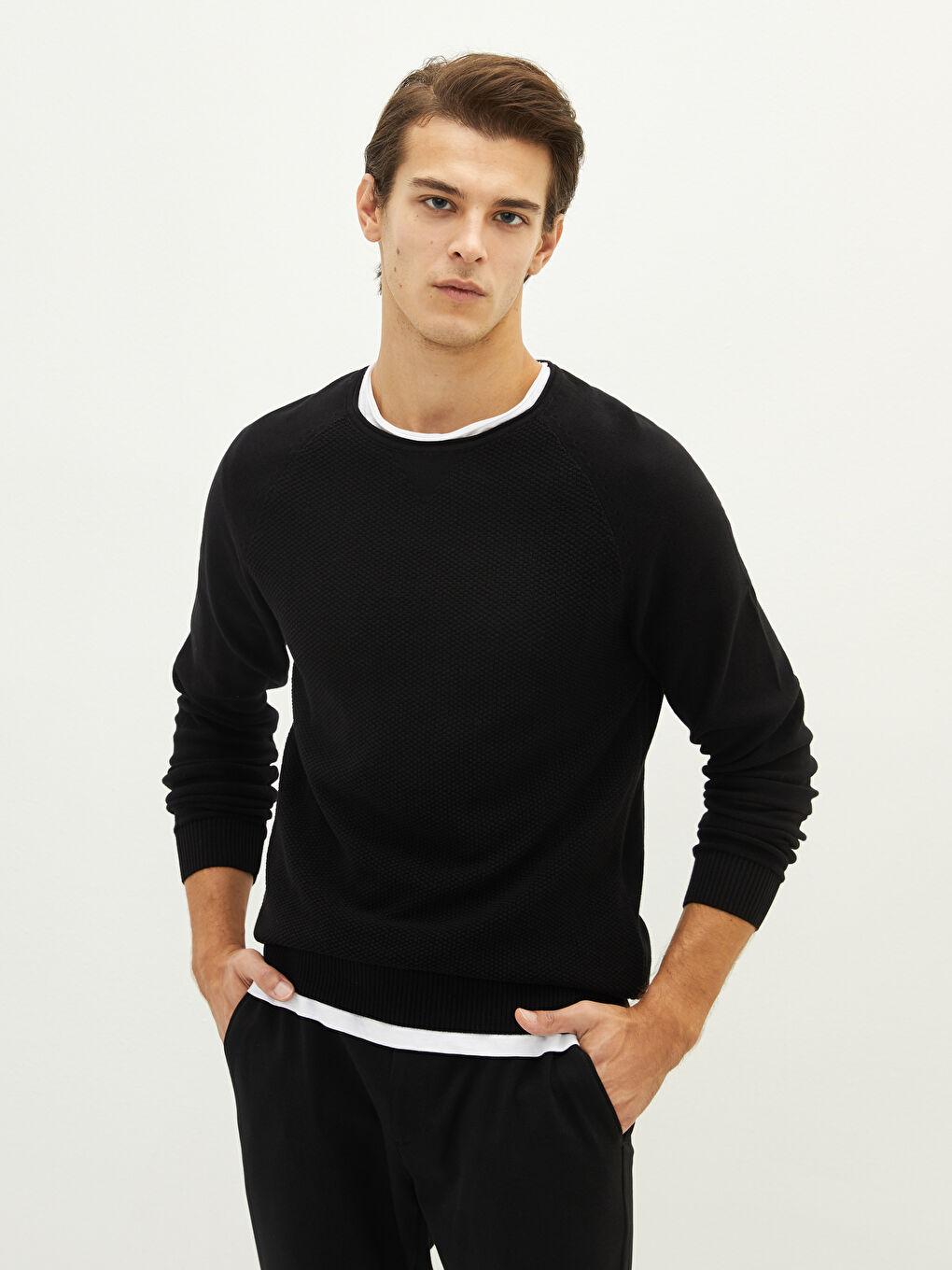 Siyah Bisiklet Yaka Erkek Triko Kazak-1