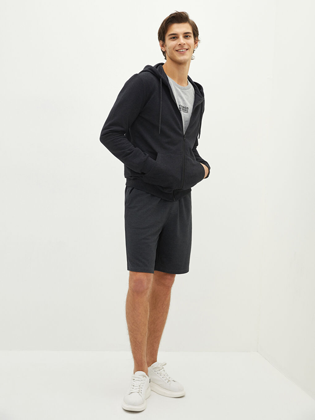 سويت شيرت بسحاب كم طويل مزود بغطاء رأس للرجال-2