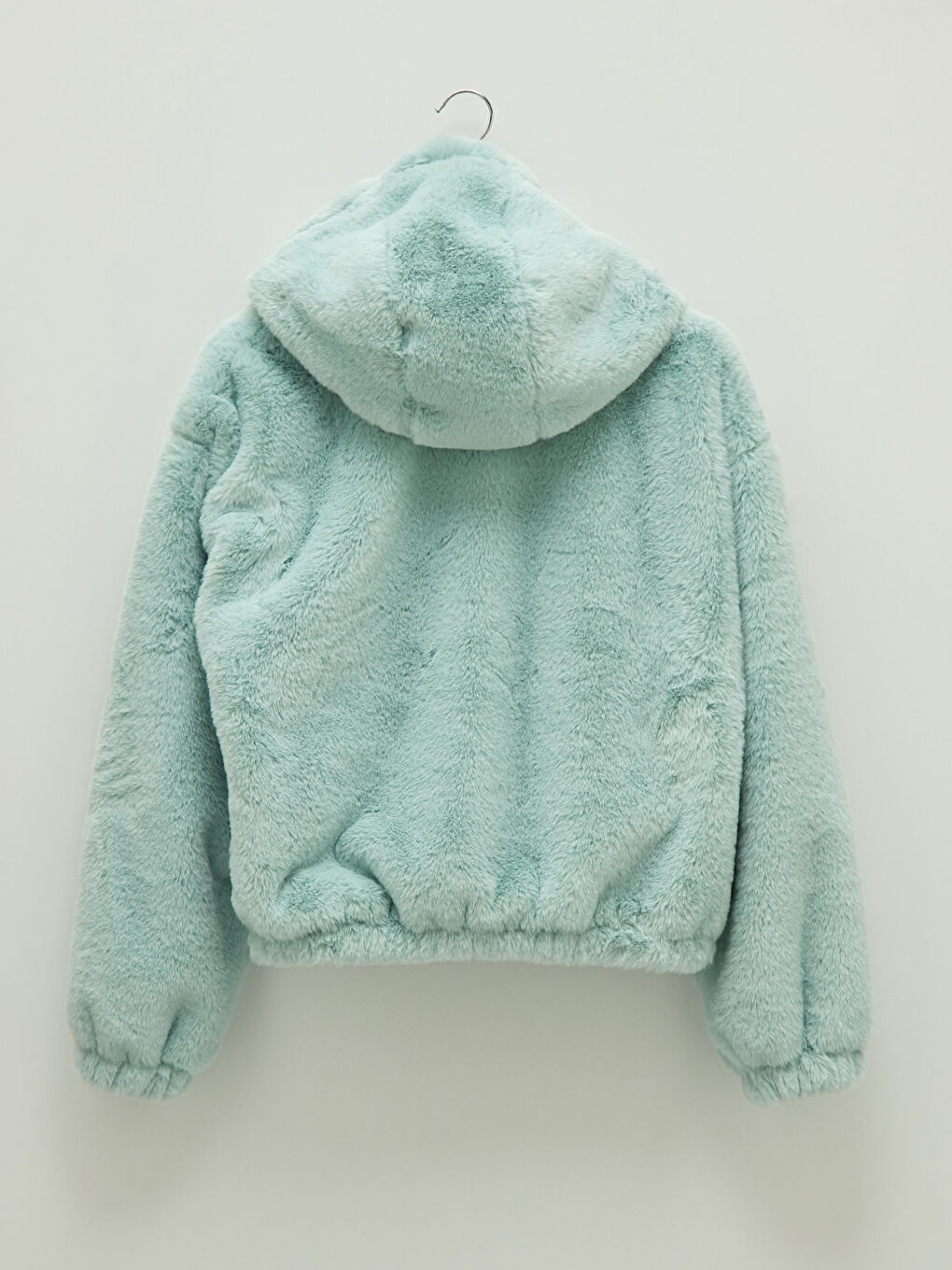 Yeşil Kapüşonlu Düz Cep Detaylı Uzun Kollu Pelüş Kalın Kadın Mont-7