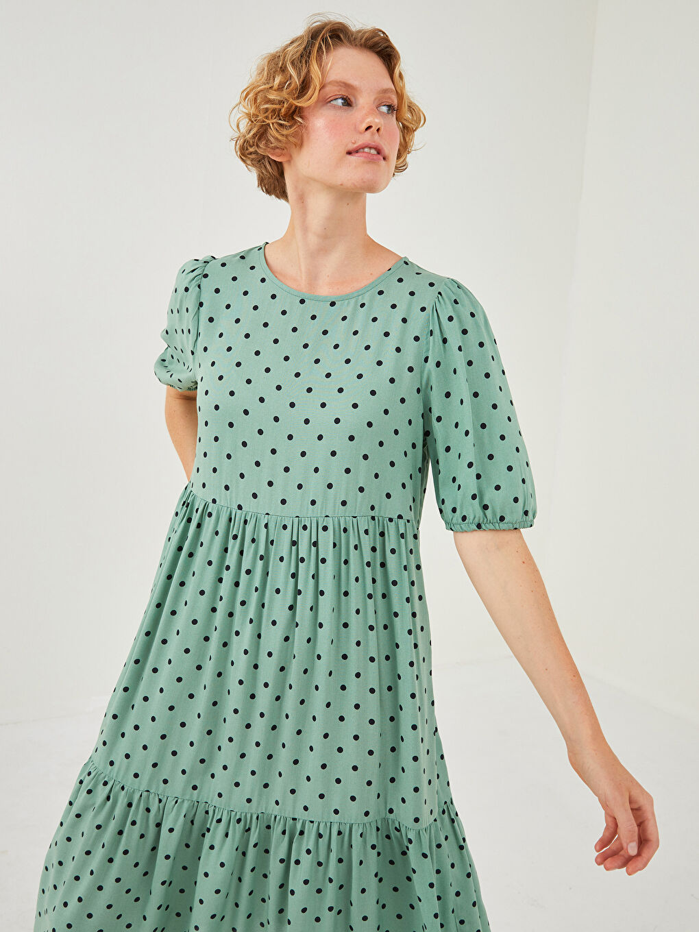 LCW Vision Crew Neck Polka Dot Short Sleeve Poplin Women's Dress -W1BF83Z8-LRR