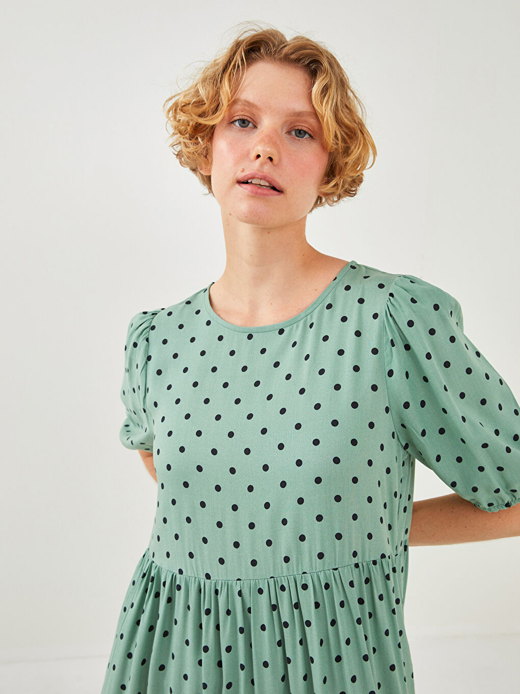 LCW Vision Crew Neck Polka Dot Short Sleeve Poplin Women's Dress -W1BF83Z8-LRR