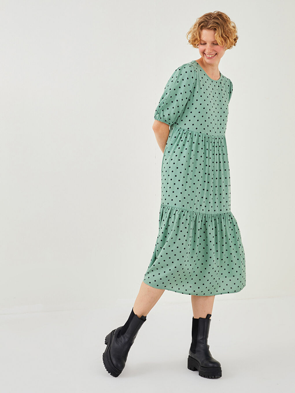 LCW Vision Crew Neck Polka Dot Short Sleeve Poplin Women's Dress -W1BF83Z8-LRR