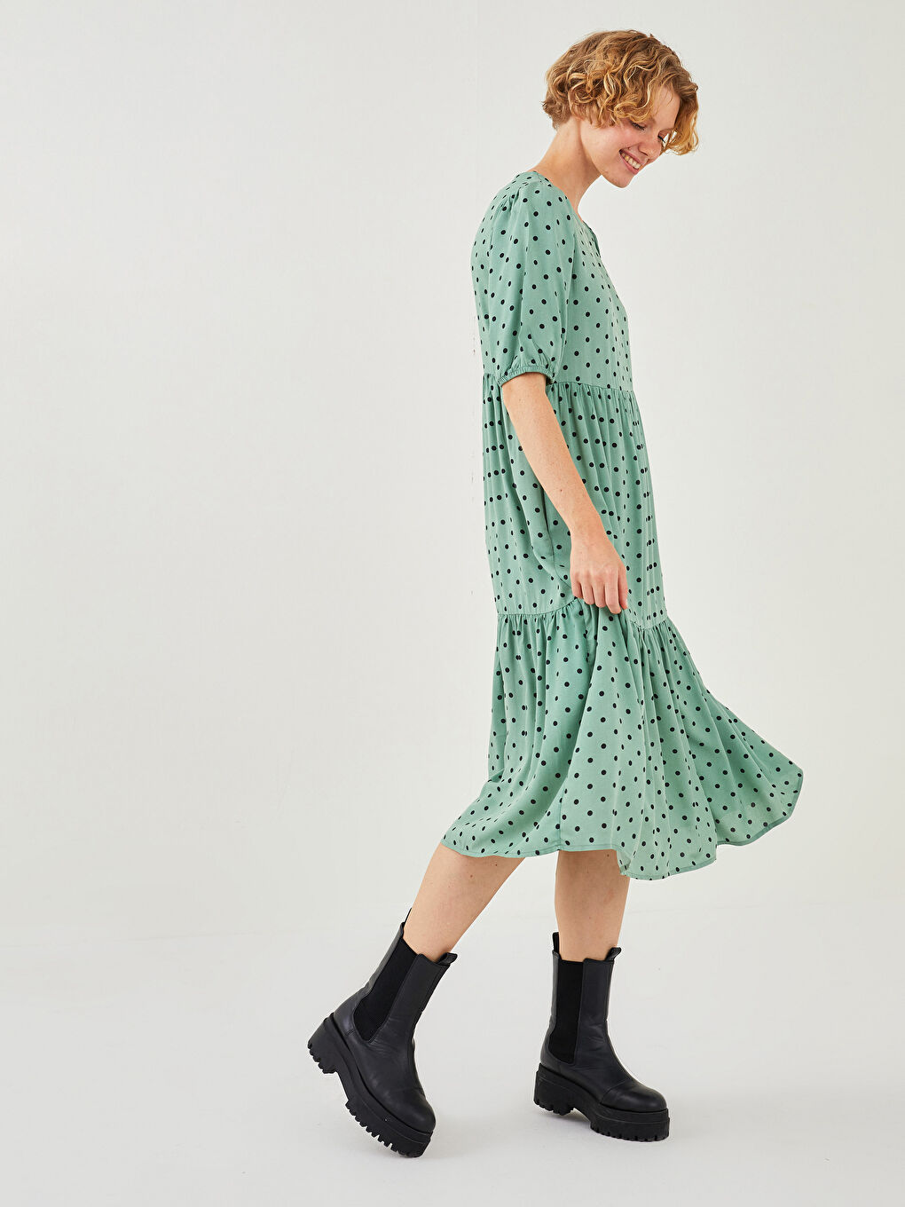 LCW Vision Crew Neck Polka Dot Short Sleeve Poplin Women's Dress -W1BF83Z8-LRR