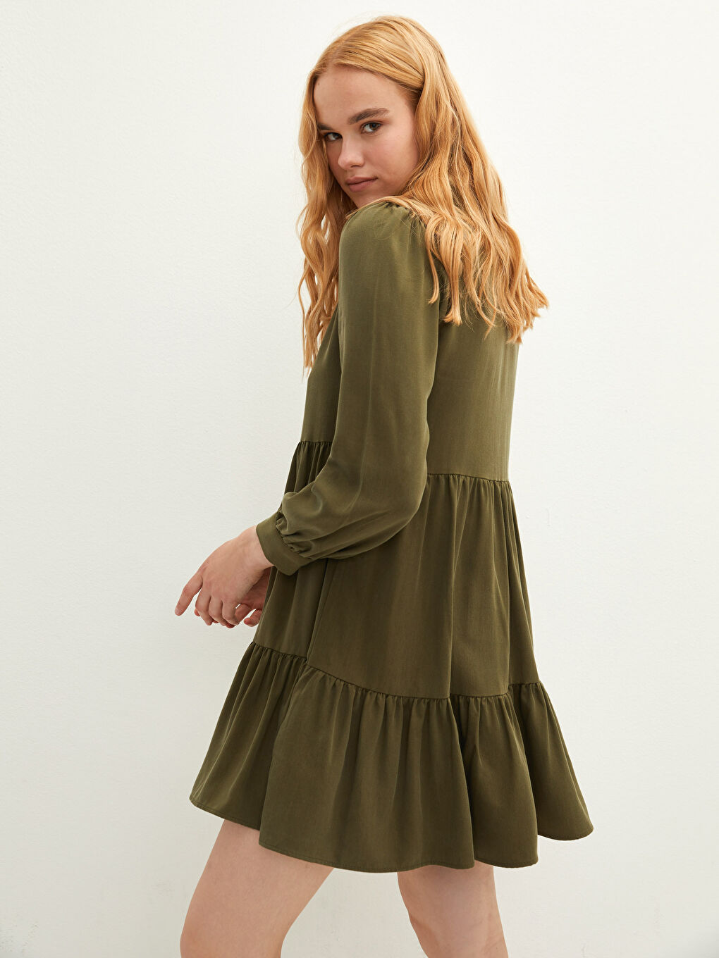 Haki Gömlek Yaka Düz Uzun Kollu Kadın Elbise