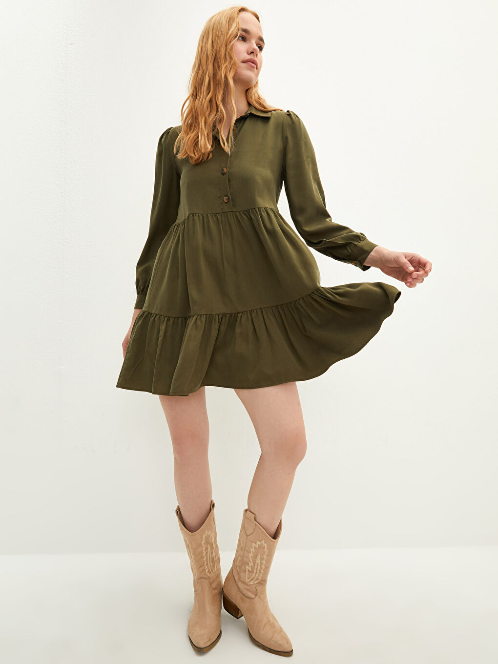 Haki Gömlek Yaka Düz Uzun Kollu Kadın Elbise-1