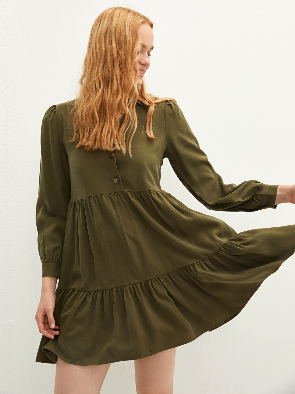 Haki Gömlek Yaka Düz Uzun Kollu Kadın Elbise-2