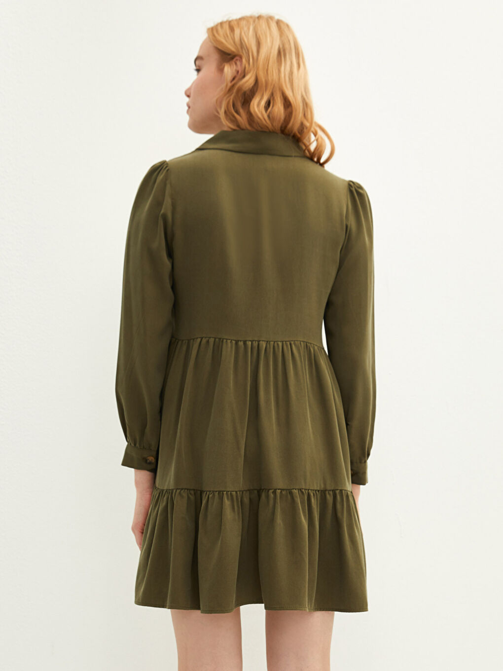 Haki Gömlek Yaka Düz Uzun Kollu Kadın Elbise-4
