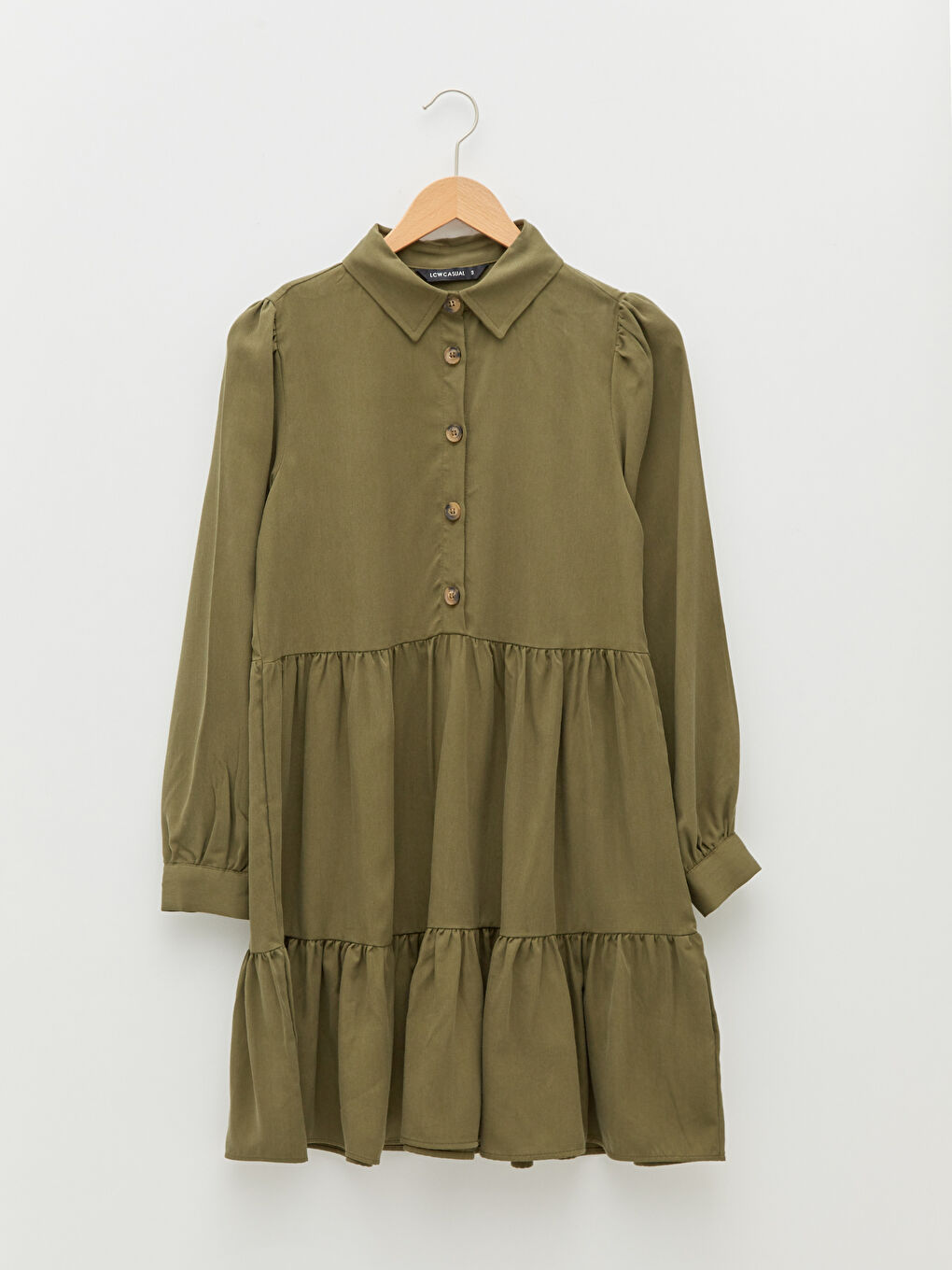 Haki Gömlek Yaka Düz Uzun Kollu Kadın Elbise-5