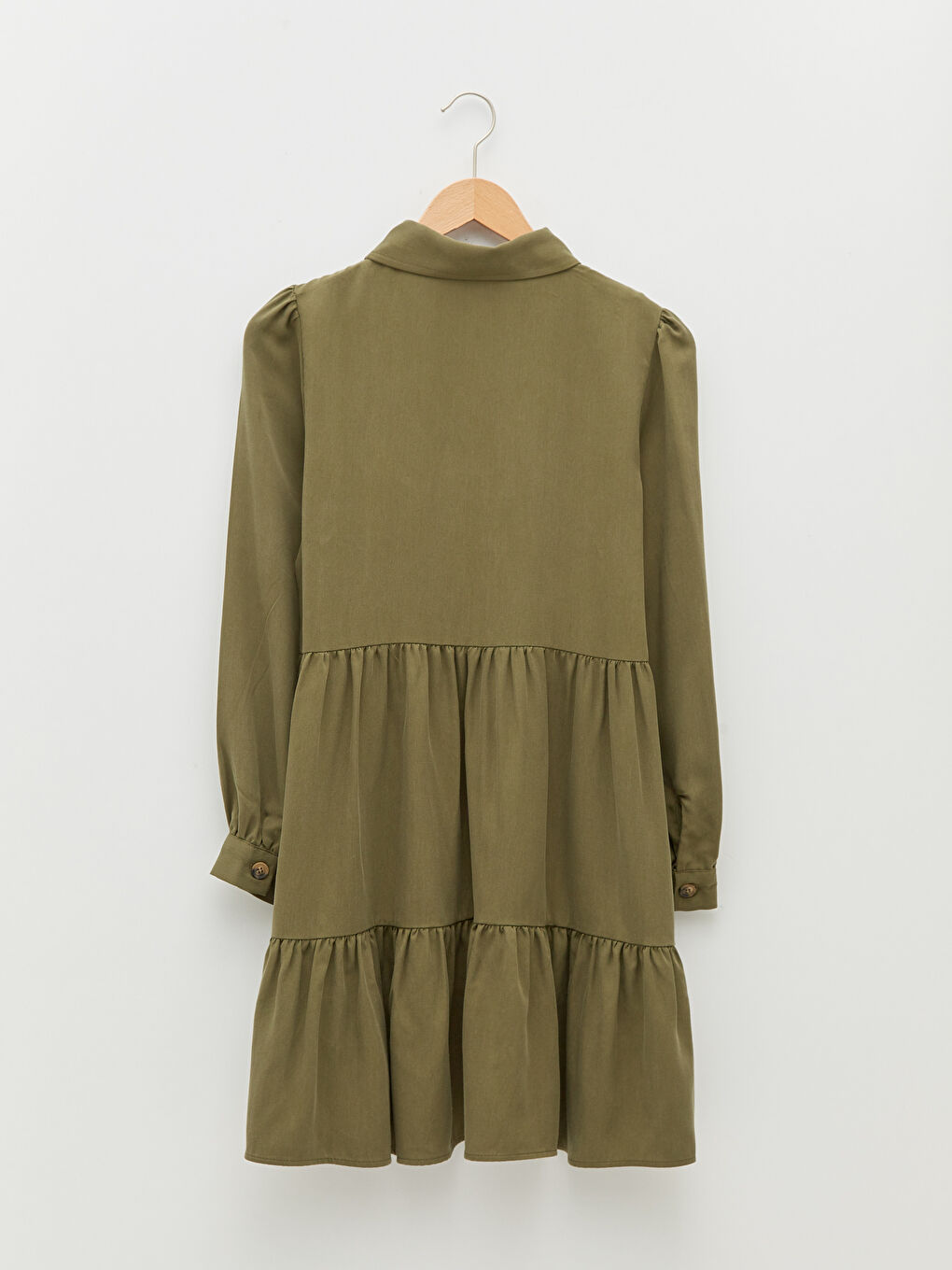 Haki Gömlek Yaka Düz Uzun Kollu Kadın Elbise-6