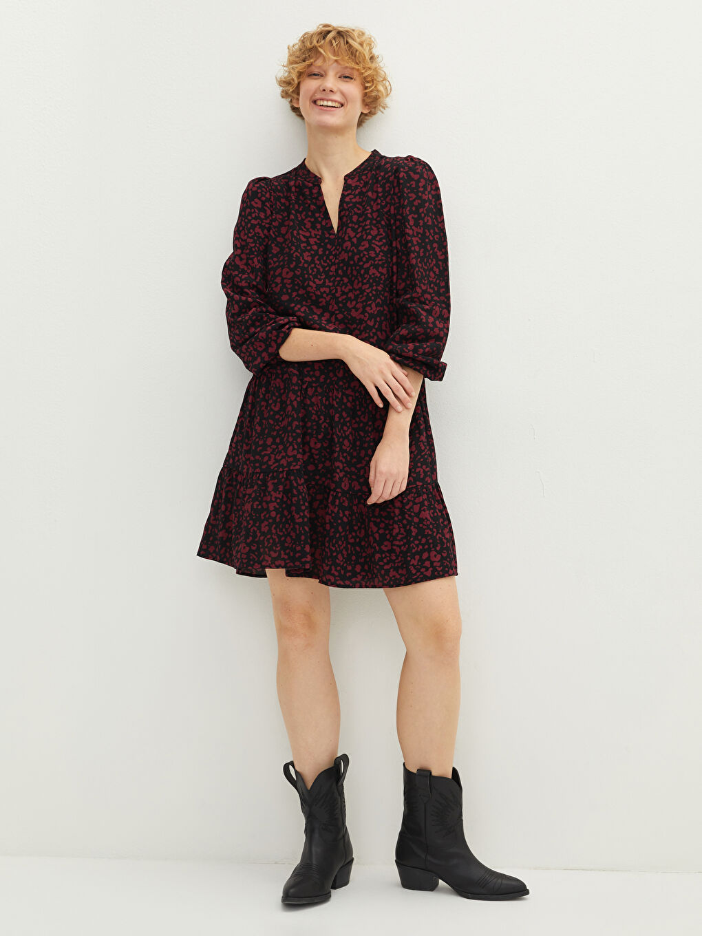 Bordo V Yaka Desenli Uzun Kollu Viskon Kadın Elbise