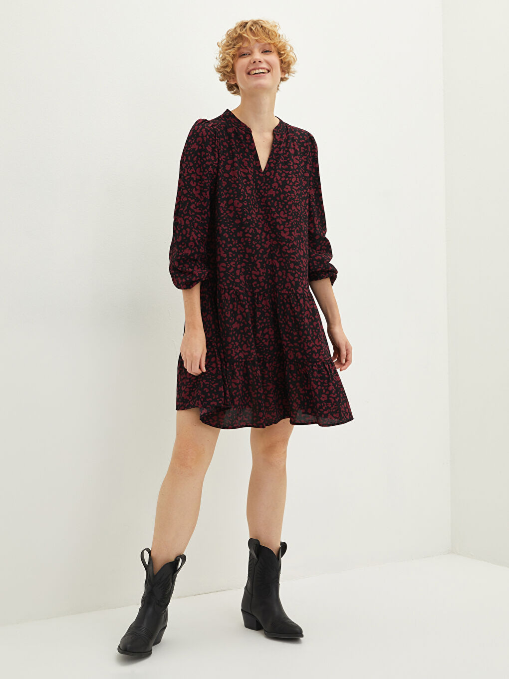 Bordo V Yaka Desenli Uzun Kollu Viskon Kadın Elbise-1