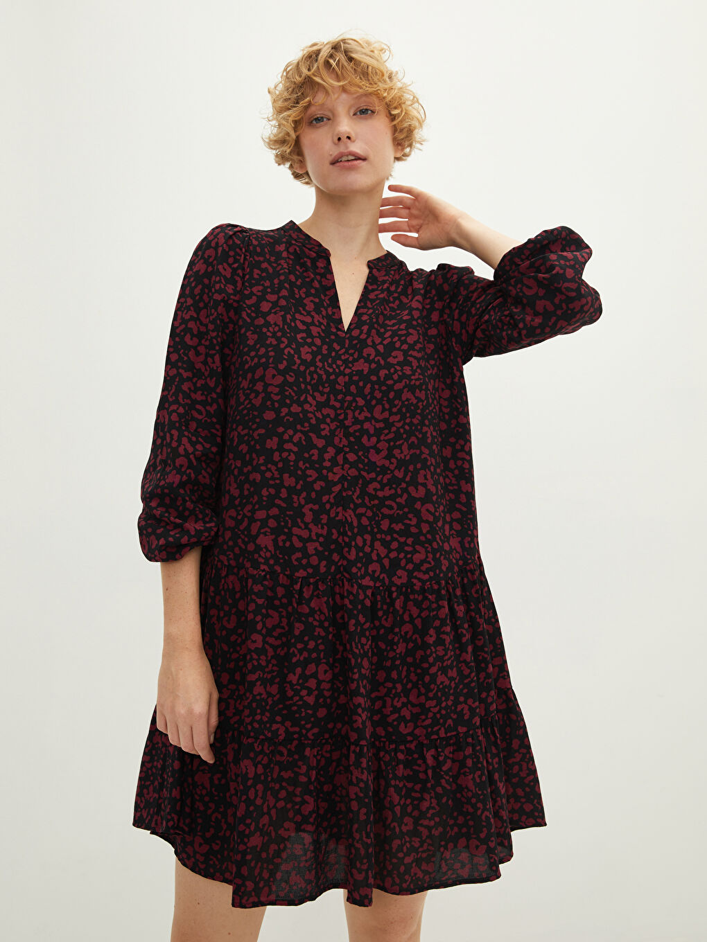 Bordo V Yaka Desenli Uzun Kollu Viskon Kadın Elbise-2