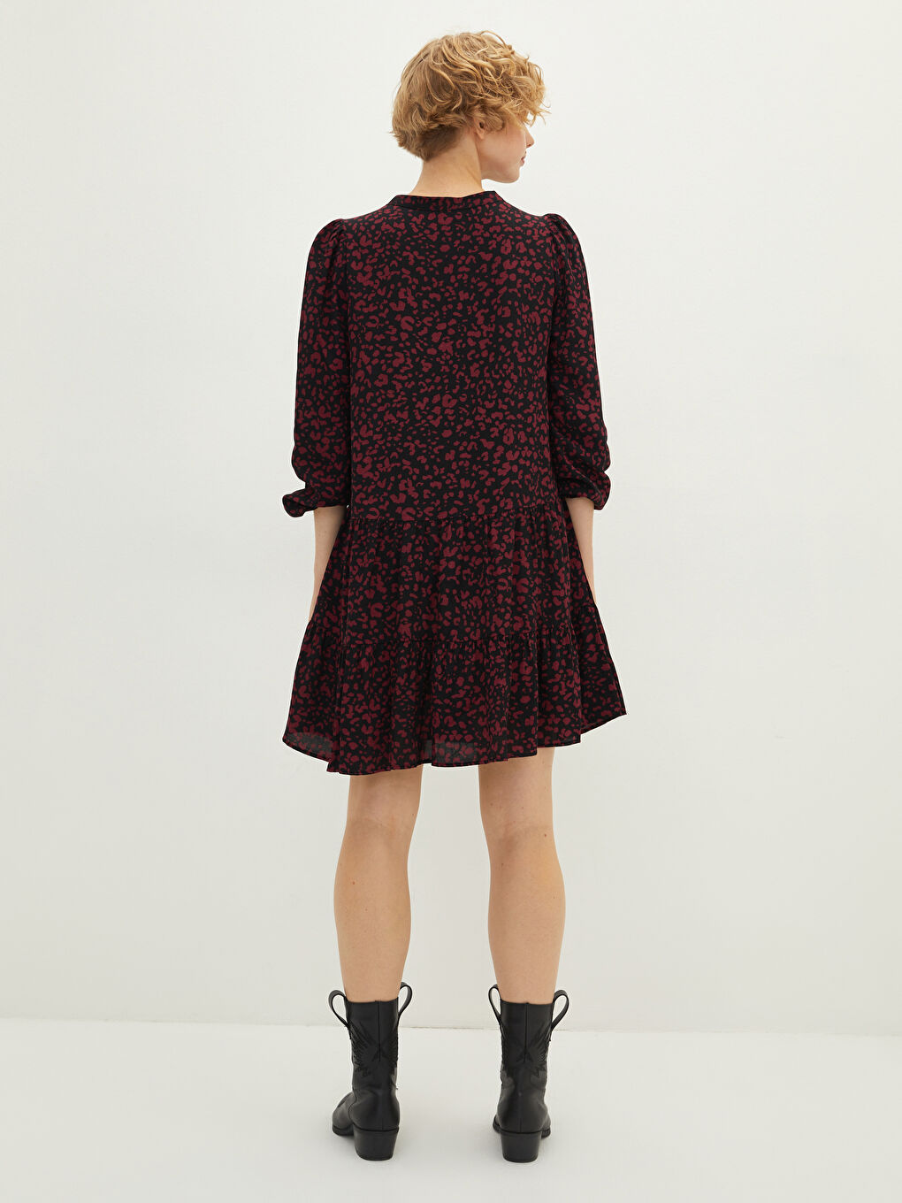 Bordo V Yaka Desenli Uzun Kollu Viskon Kadın Elbise-4