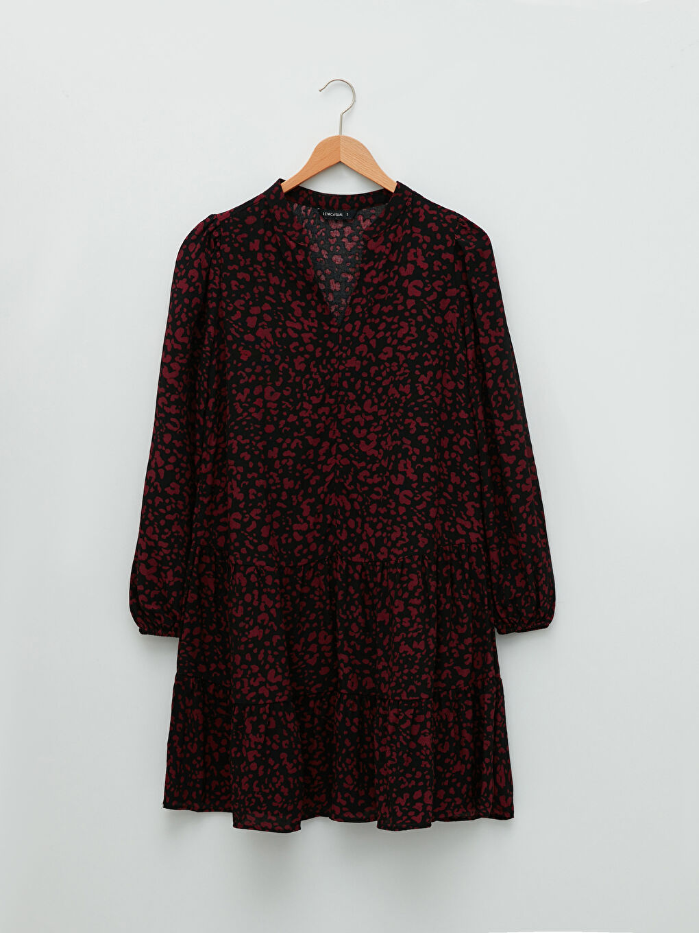 Bordo V Yaka Desenli Uzun Kollu Viskon Kadın Elbise-5