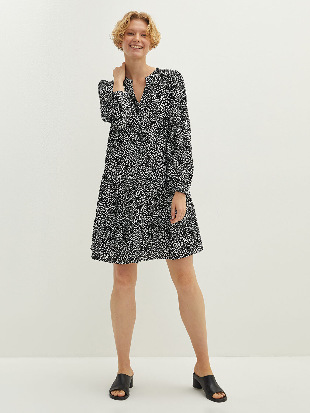LCW Vision V-Ausschnitt Gemustertes Langarm Viskose Kleid für Damen -W1BF87Z8-LQJ
