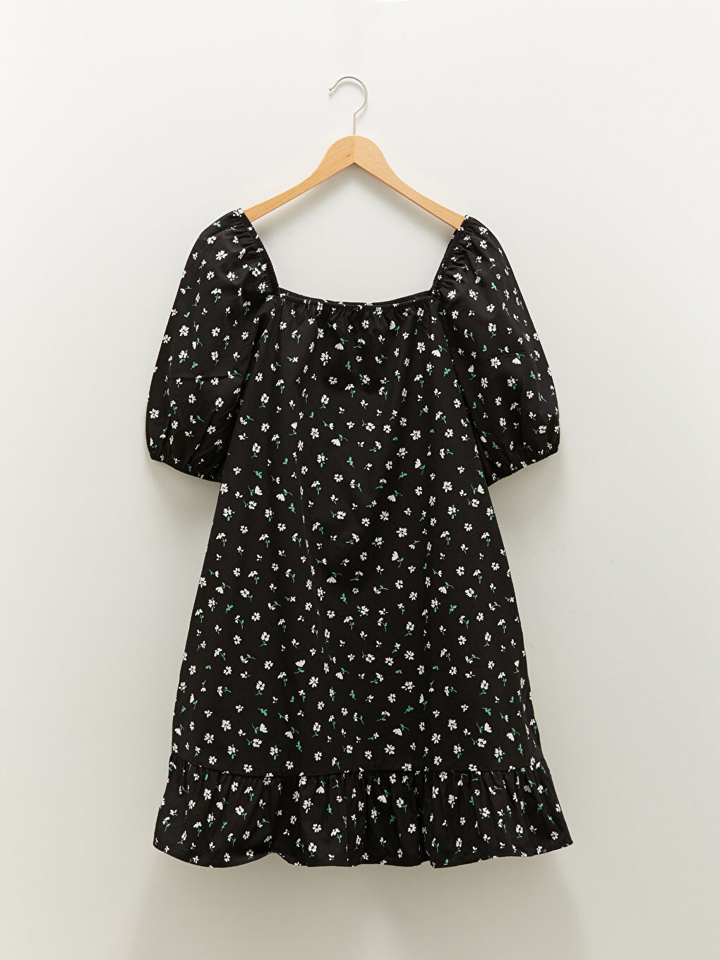 Quadratischer Kragen Blumiges Kurzarm Popeline Kleid für Damen-5