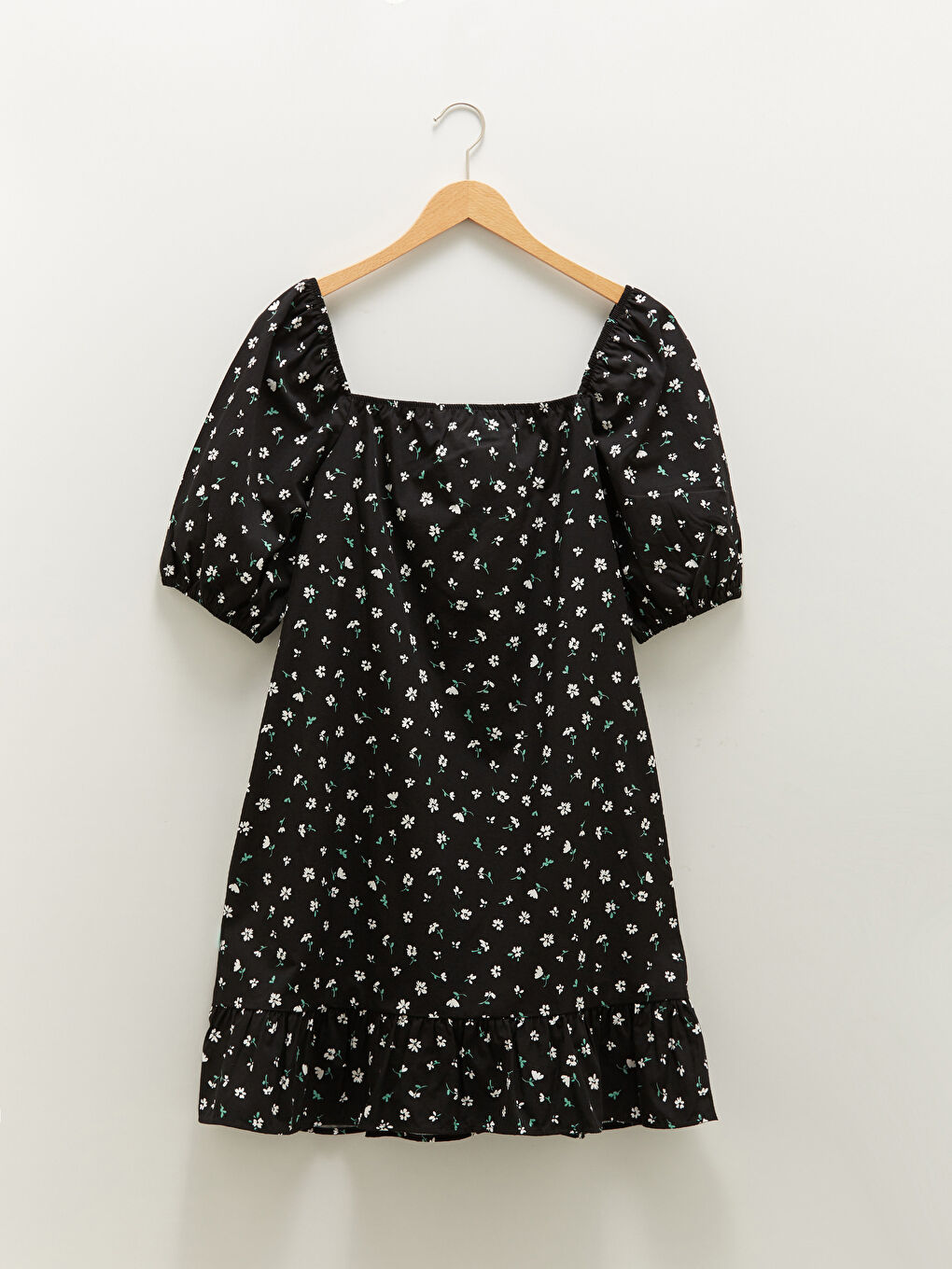 Quadratischer Kragen Blumiges Kurzarm Popeline Kleid für Damen-6