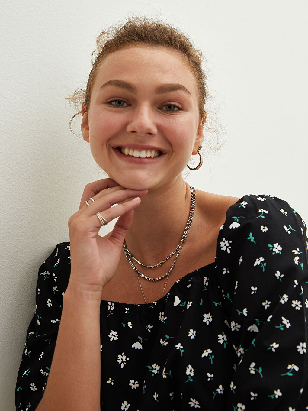 Quadratischer Kragen Blumiges Kurzarm Popeline Kleid für Damen-3