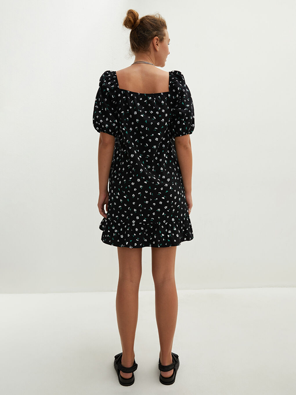 Quadratischer Kragen Blumiges Kurzarm Popeline Kleid für Damen-4