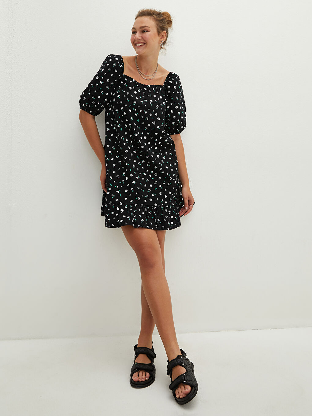 Quadratischer Kragen Blumiges Kurzarm Popeline Kleid für Damen