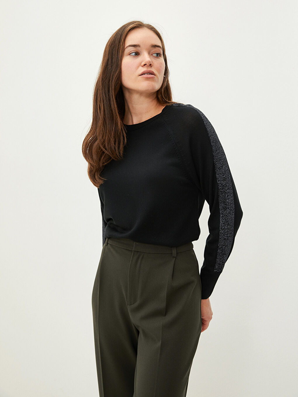 Siyah Bisiklet Yaka Şerit Detaylı Uzun Kollu Kadın Triko Kazak-2