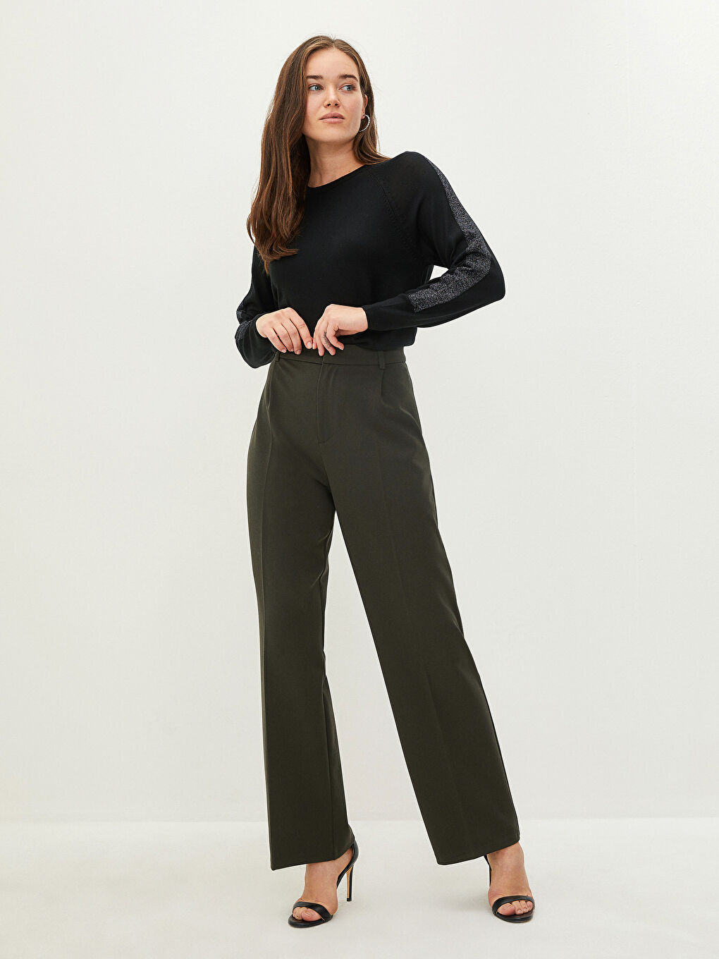 Siyah Bisiklet Yaka Şerit Detaylı Uzun Kollu Kadın Triko Kazak-4