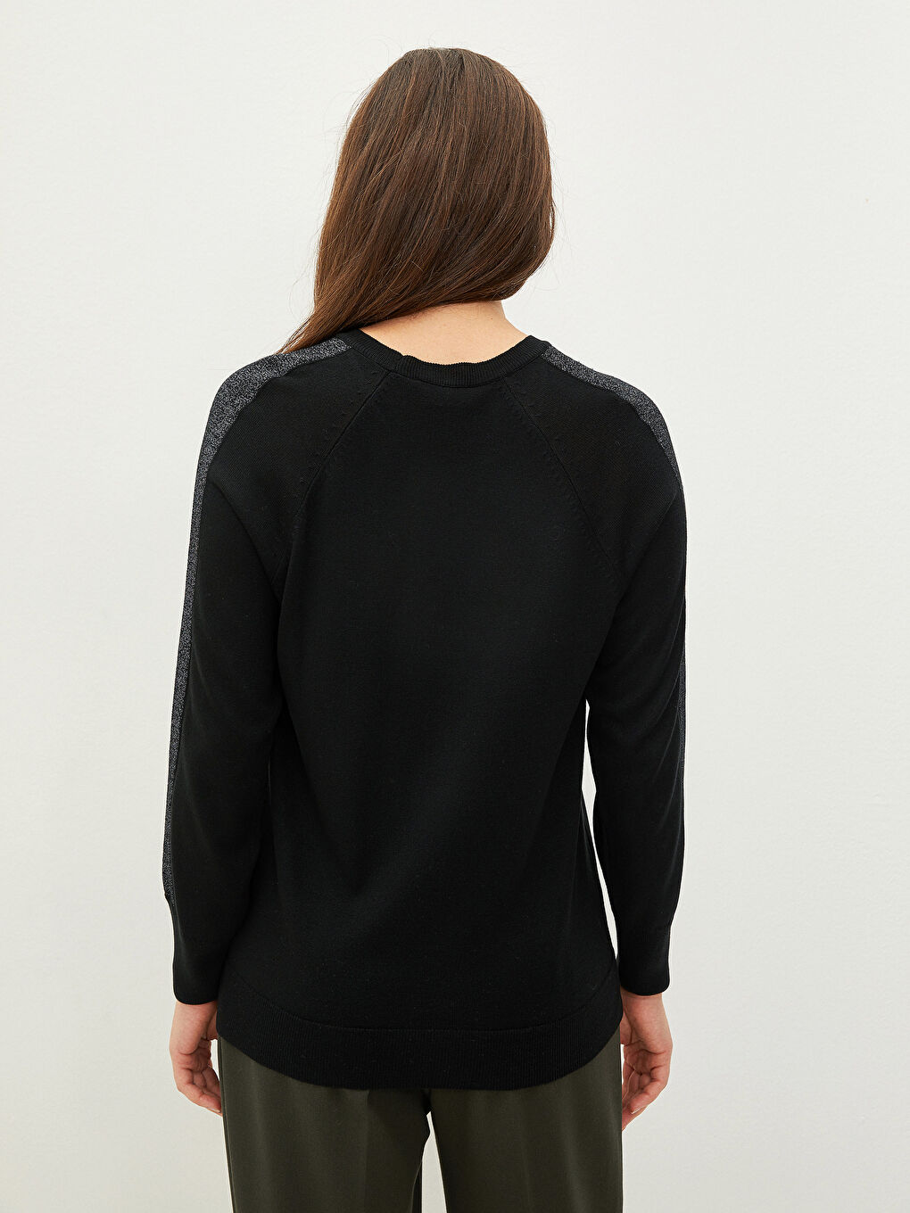 Siyah Bisiklet Yaka Şerit Detaylı Uzun Kollu Kadın Triko Kazak-5