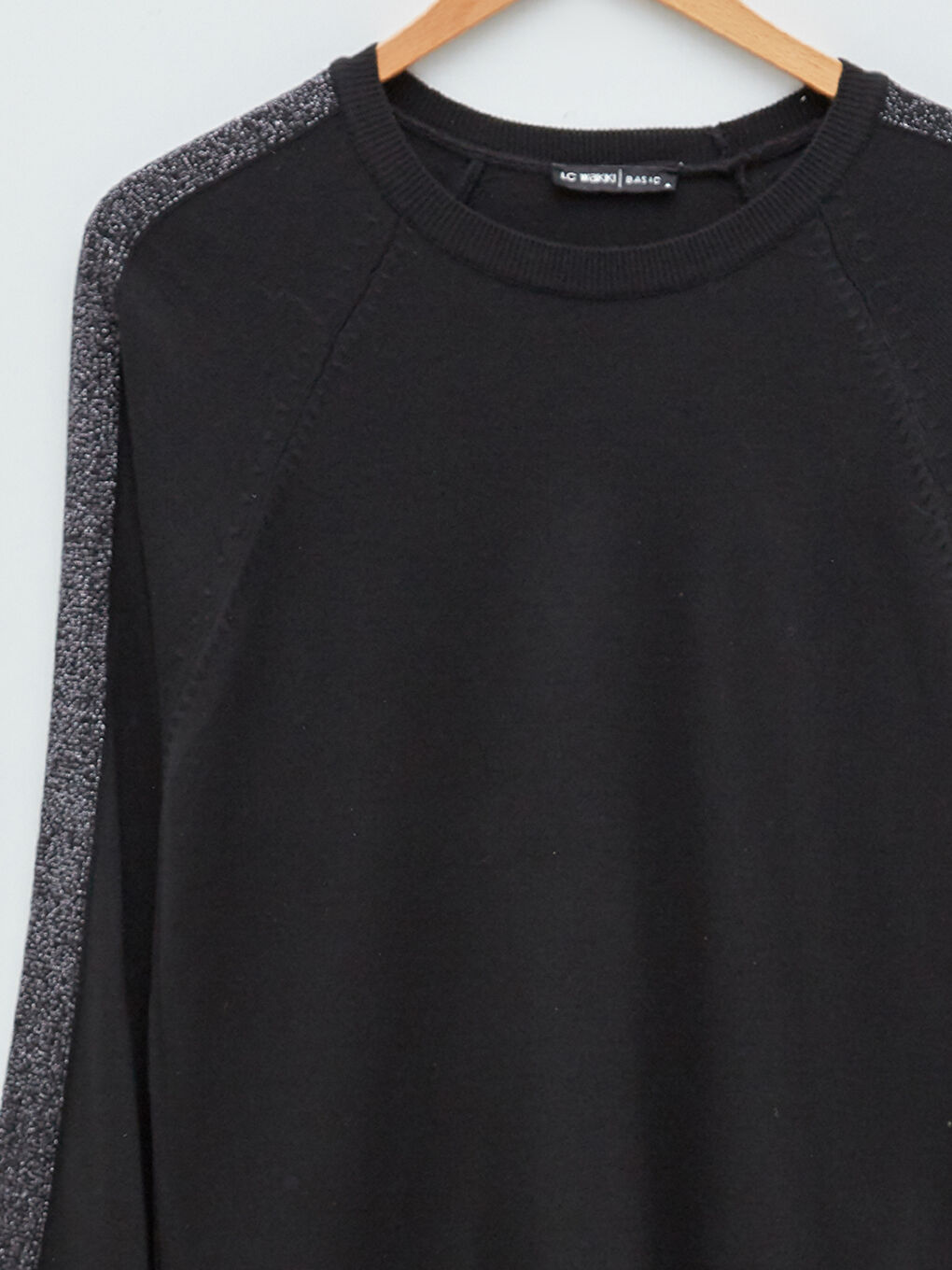 Siyah Bisiklet Yaka Şerit Detaylı Uzun Kollu Kadın Triko Kazak-8