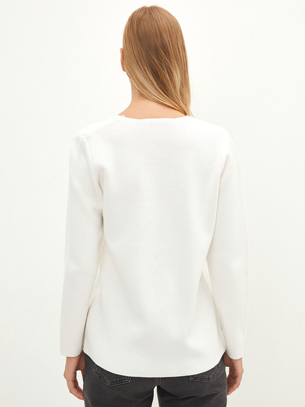 Ekru V Yaka Kadın Triko Hırka-4