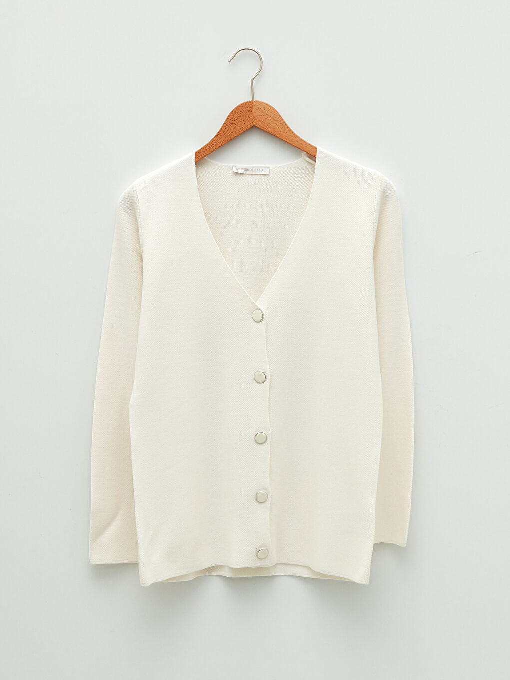 Ekru V Yaka Kadın Triko Hırka-5