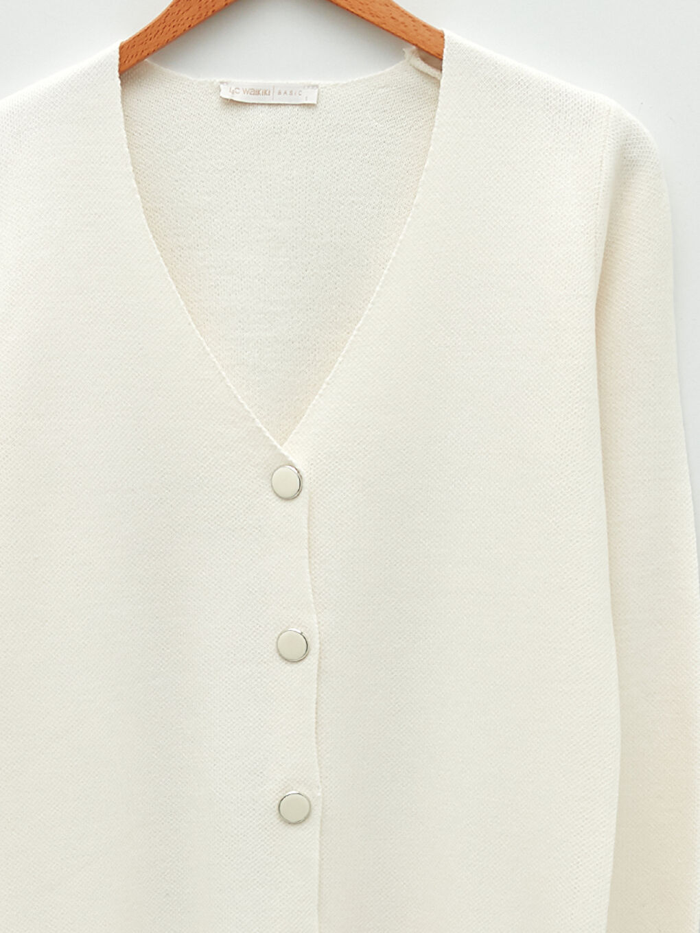 Ekru V Yaka Kadın Triko Hırka-7