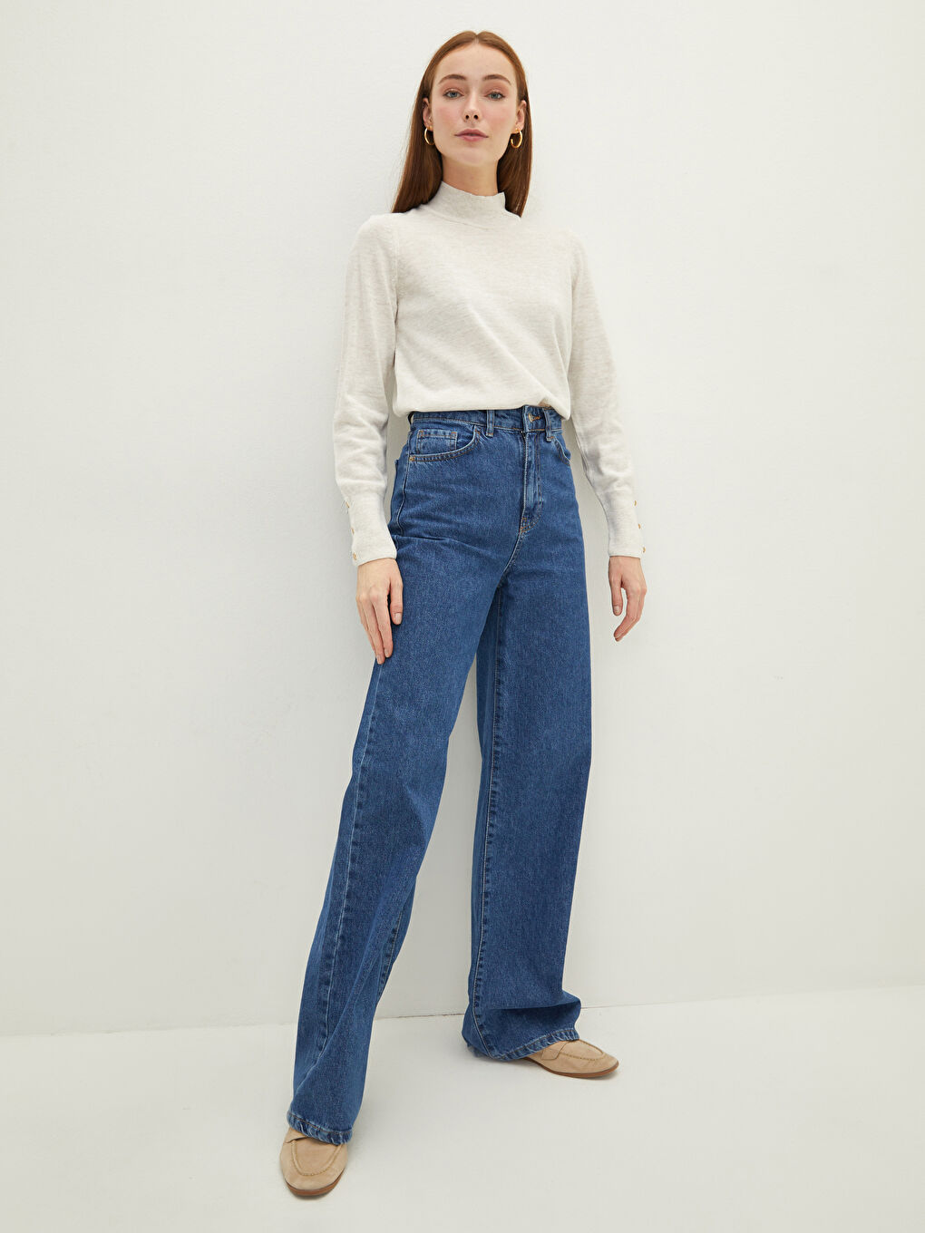 Bej Yarım Balıkçı Yaka Kadın Triko Kazak-2