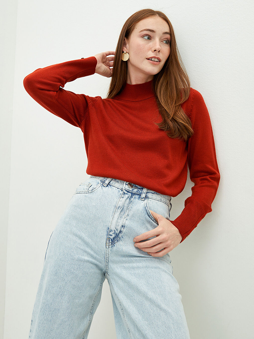 Turuncu Yarım Balıkçı Yaka Kadın Triko Kazak