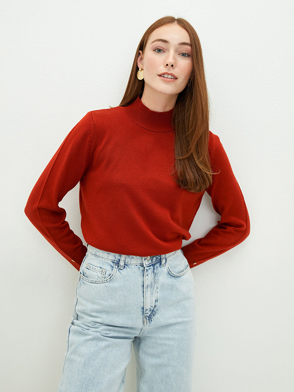 Turuncu Yarım Balıkçı Yaka Kadın Triko Kazak-1