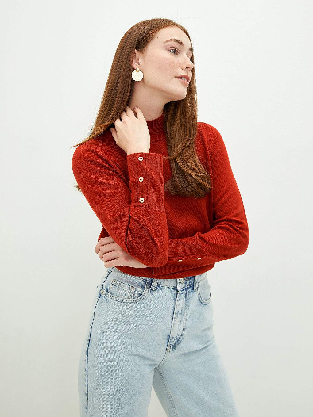 Turuncu Yarım Balıkçı Yaka Kadın Triko Kazak-2