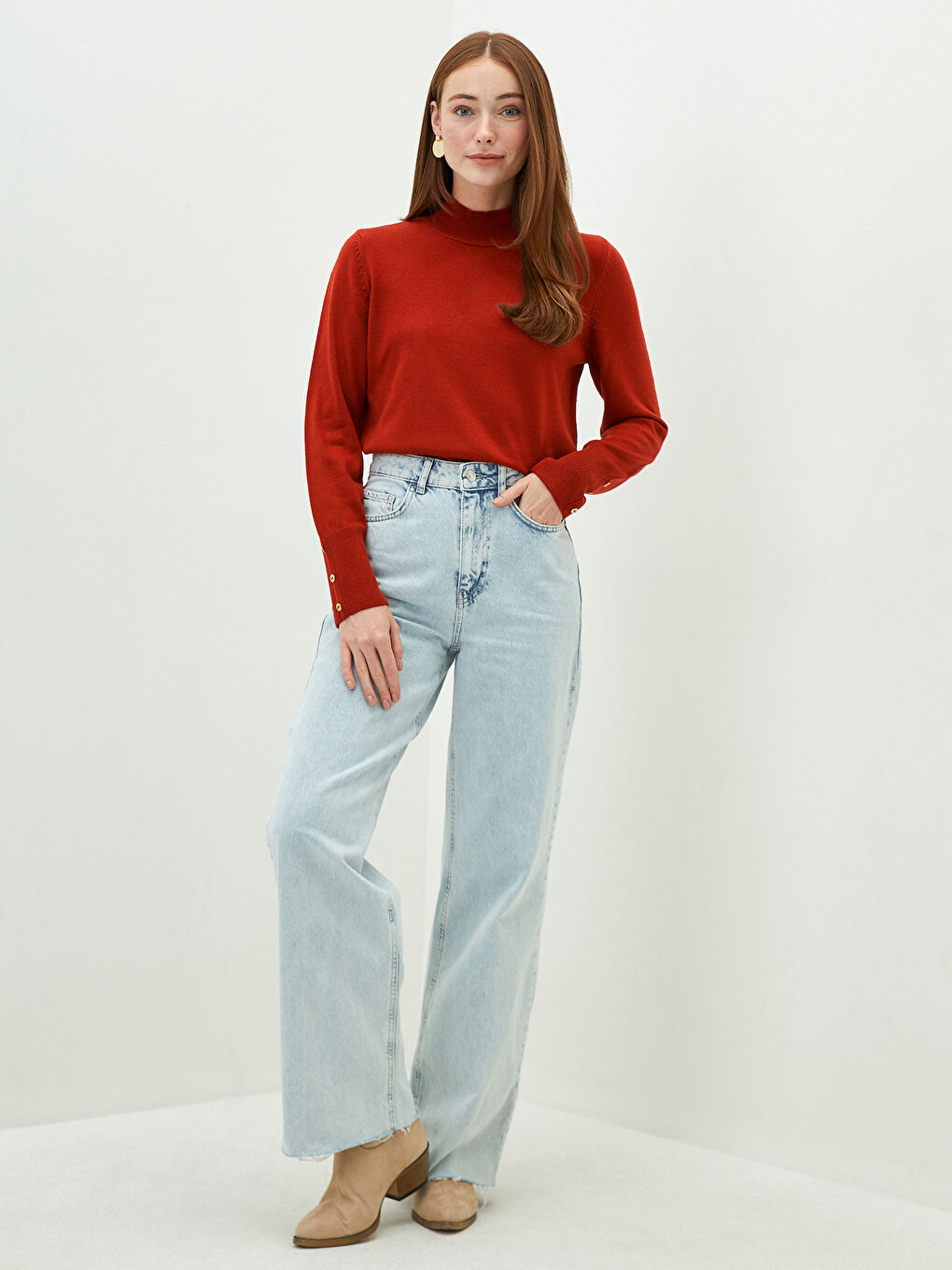 Turuncu Yarım Balıkçı Yaka Kadın Triko Kazak-4