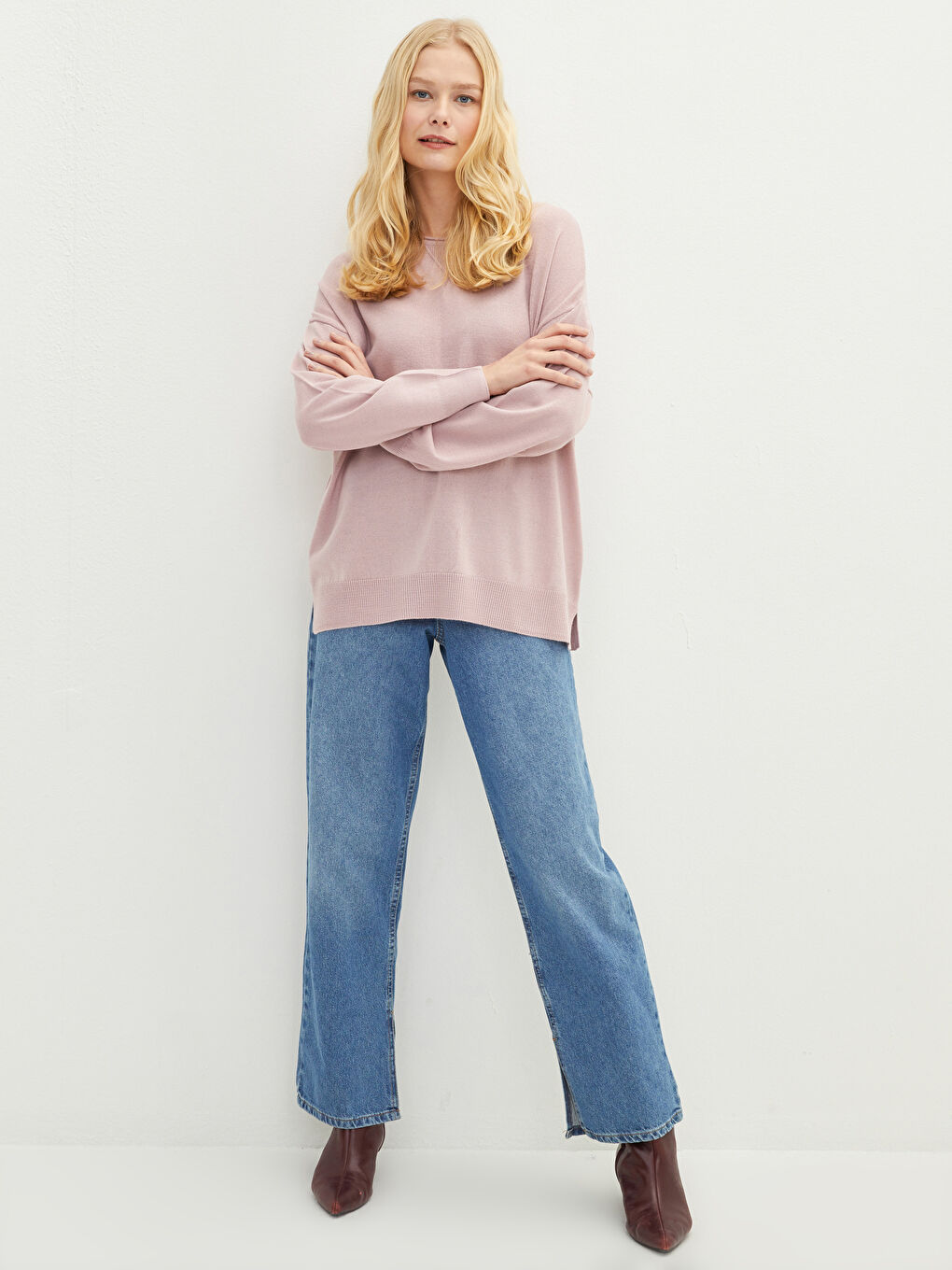 Pembe Bisiklet Yaka Düz Uzun Kollu Kadın Triko Kazak-1