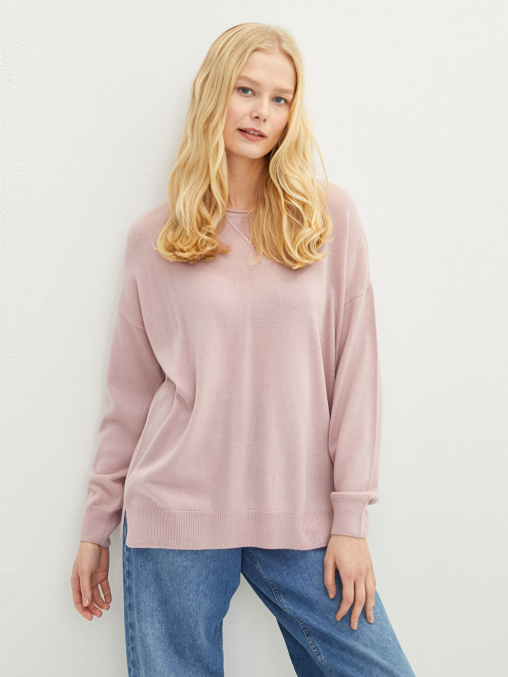 Pembe Bisiklet Yaka Düz Uzun Kollu Kadın Triko Kazak-2