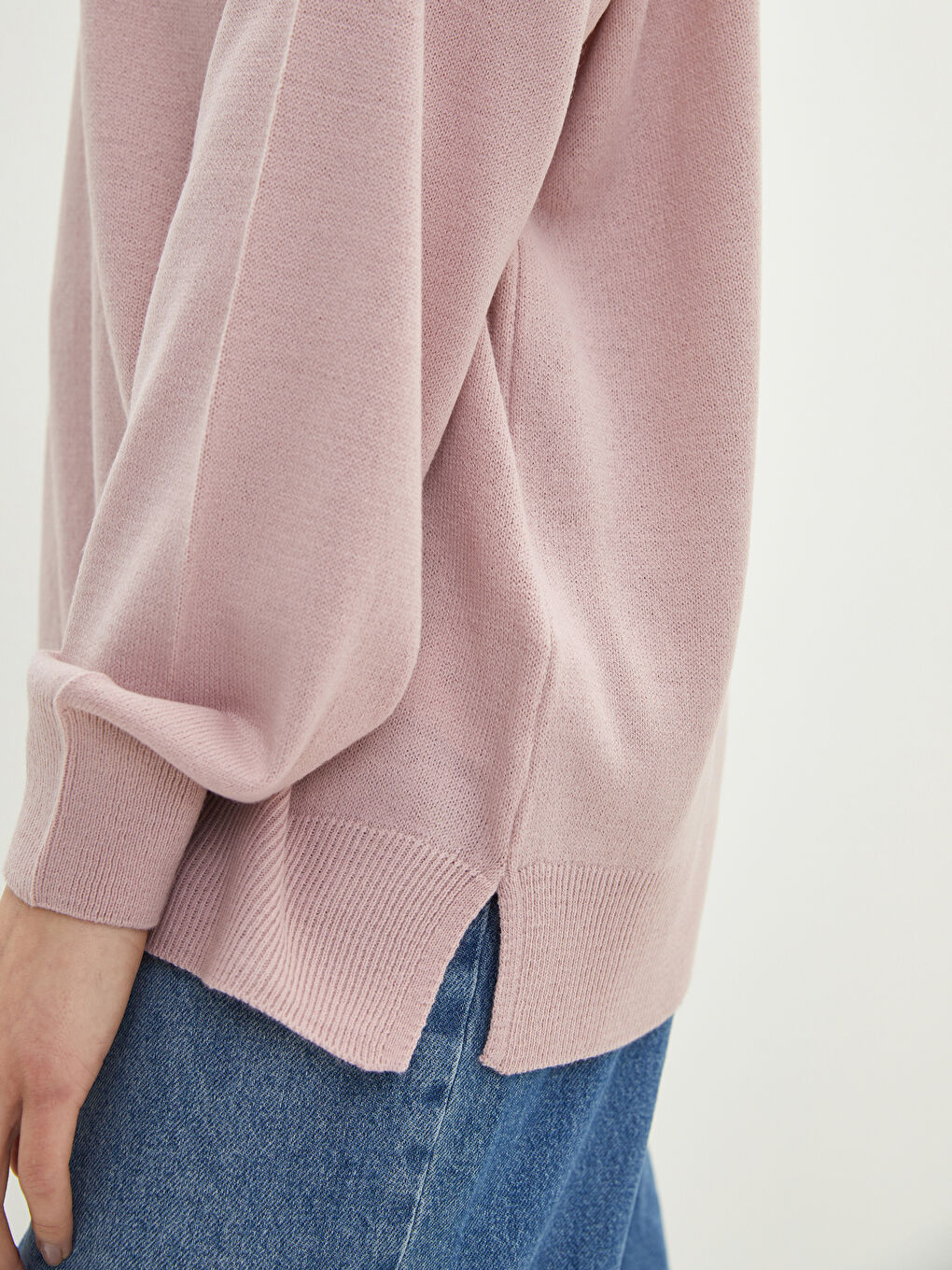 Pembe Bisiklet Yaka Düz Uzun Kollu Kadın Triko Kazak-3